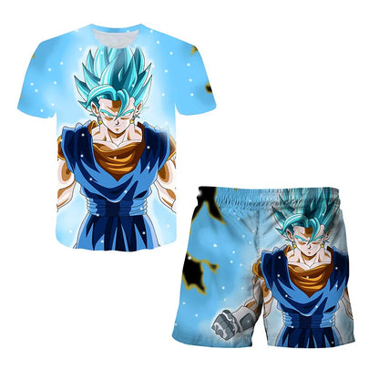 Japanisches Cartoon-Dragon-Ball-Z-T-Shirt, Kinder-Oberteil, T-Shirt- und Shorts-Zweiteiler für den Sommer, Jungen-T-Shirt + Shorts, Strandshorts