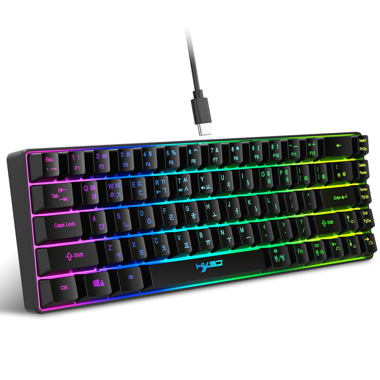Tragbare HXSJ V200 68-Tasten-Gaming-Tastatur mit koreanischem Layout, 65%, kabelgebundene Office-Membrantastatur mit RGB-Hintergrundbeleuchtung für Desktop-PCs und Laptops