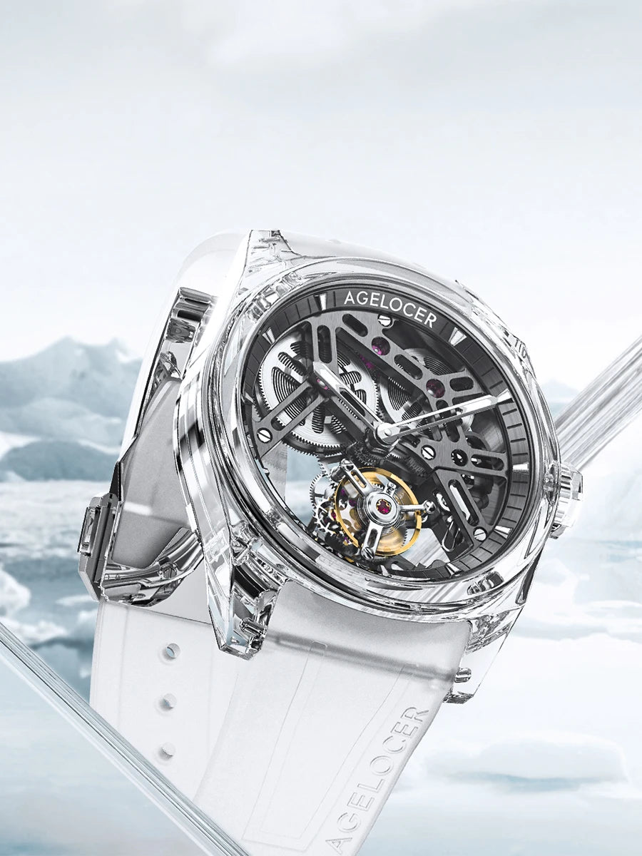 AGELOCER Limited Edition "Ice Never Melts" Free-sprung Crystal Tourbillon Watch Luxury Manual Mechanical Watches