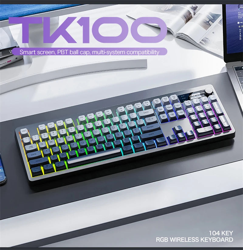 Spanish Wireless Keyboard Russian Spanish Arabic Korean 100% Keyboard Layout With Volume Knob TK100 RGB Light Type C Bluetooth
