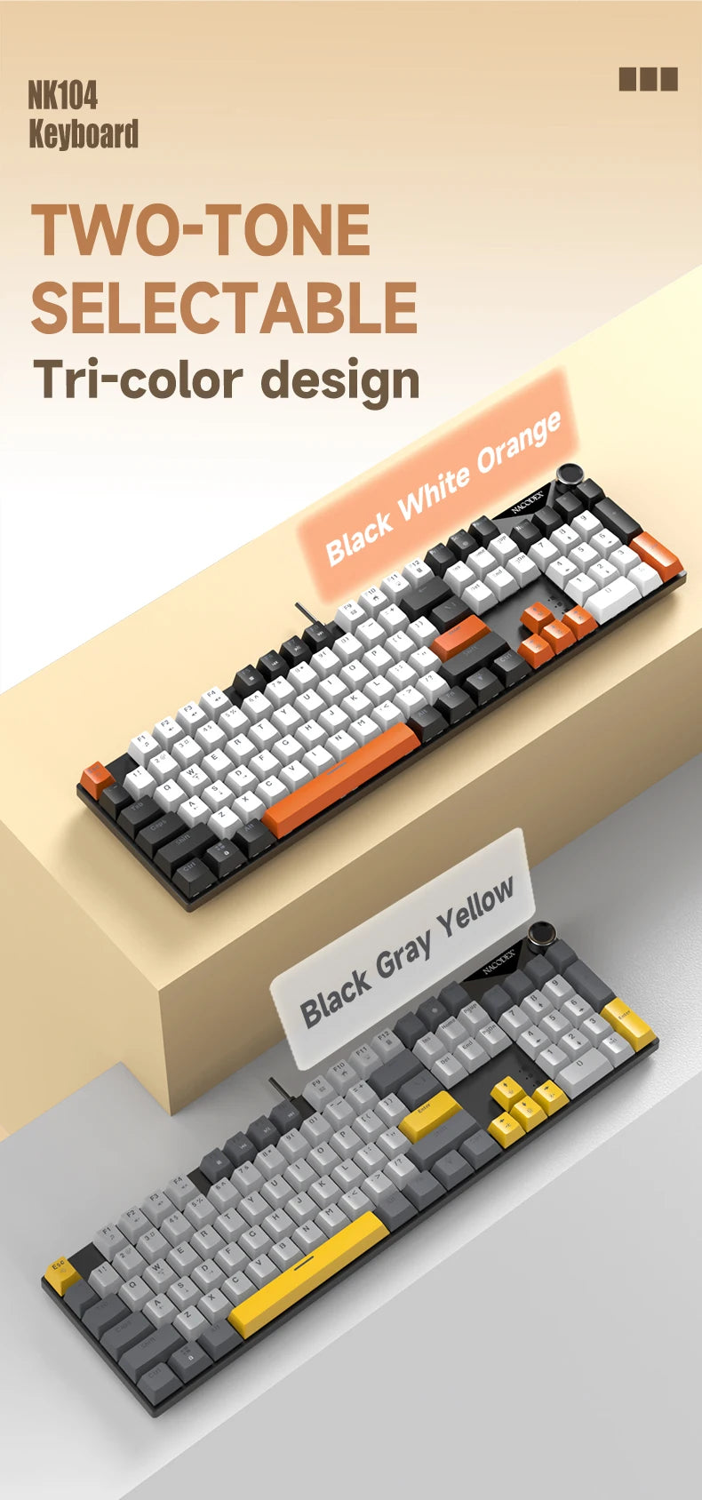 Teclado Mecânico AJAZZ NK104 com Fio, Teclas de Dupla Injeção, 104 Teclas, Hot-Swapping, Retroiluminação LED Híbrida, Teclado Gamer para Portátil e PC