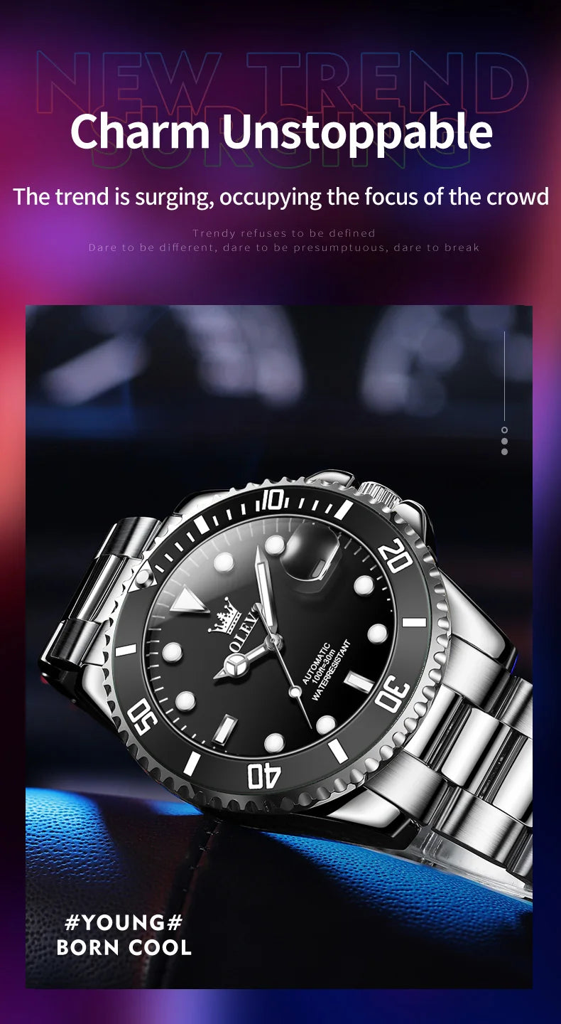 OLEVS 6650 Men Watch Classic Original Automatic Mechanical Watch For Man Zircon Scale Waterproof Luminous Stainless Steel Watch