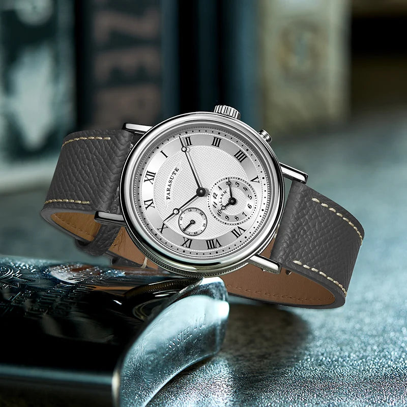 FARASUTE Retro Luxury Alarm Clock Quartz Watch Men Waterproof Night Light Wristwatch Casual Sapphire Stainless Steel Male Watch