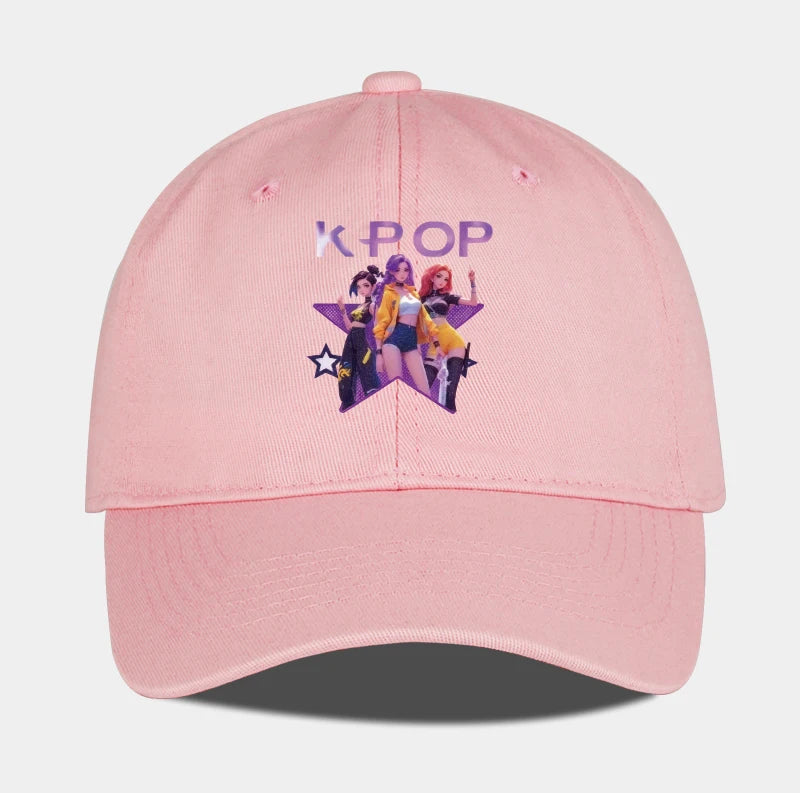 Boné de Baseball K-POP com Aba Curva Suave e Estampa de Grupo Feminino Cartoon - Unissexo, Casual, Retro e Ajustável - Chapéu de Sol Y2K