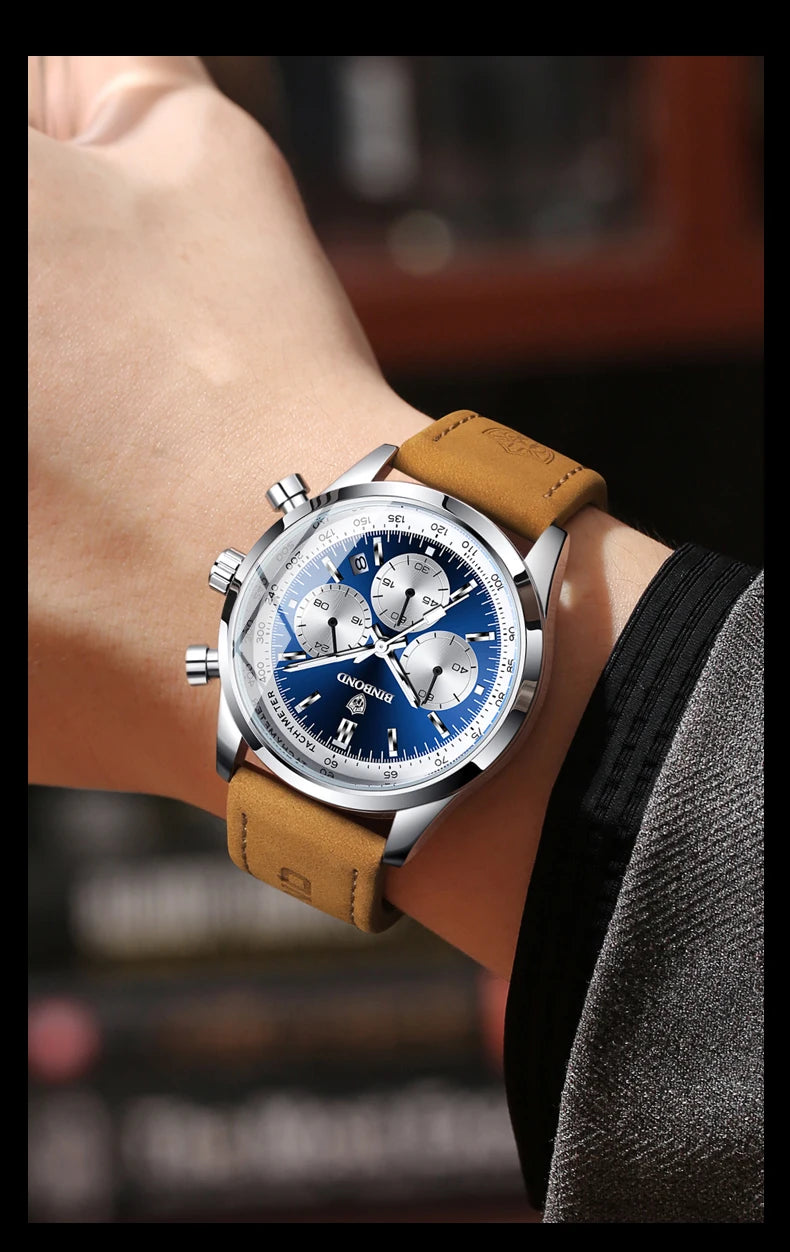 Robust and accurate BINBOND quartz chronograph watch for men, luxury, with automatic date, luminous hands and water-resistant, casual style.