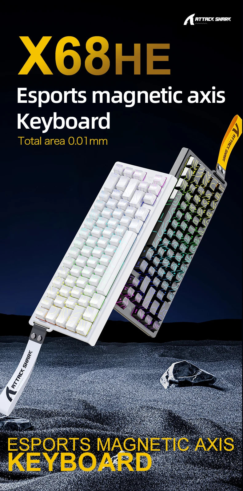 X68HE ATTACK SHARK Magnetic Gaming Keyboard Mechanical Wired for Pro Gaming 0.01mm Rapid Trigger 8000Hz SOCD/Rs 0.125ms 128K Rate