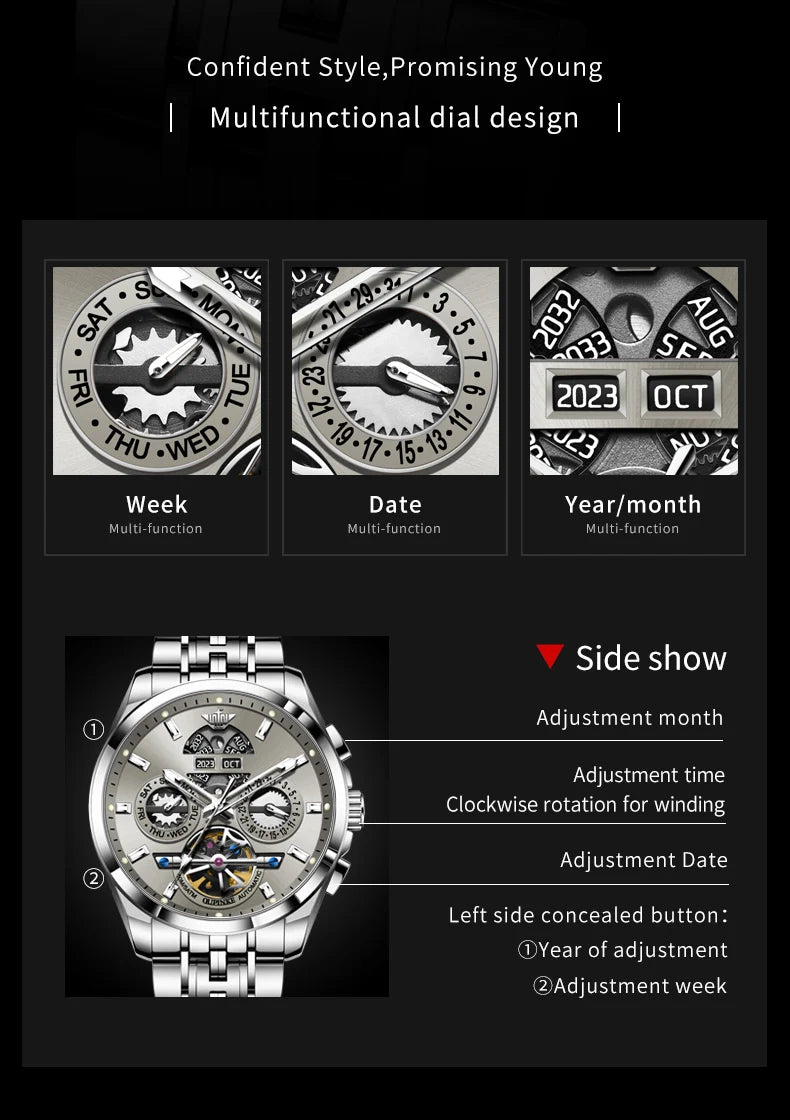 OUPINKE 3251 Watch For Men Auto Date Hollow Skeleton Luxury Automatic Mechanical Hand Clock Top Brand Waterproof Man Watches