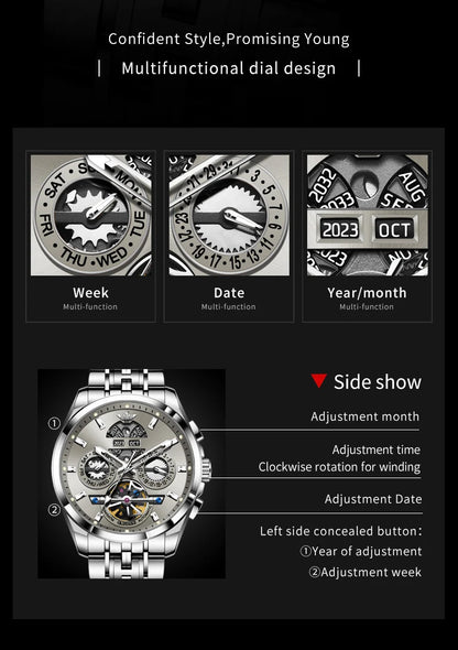 OUPINKE 3251 Watch For Men Auto Date Hollow Skeleton Luxury Automatic Mechanical Hand Clock Top Brand Waterproof Man Watches