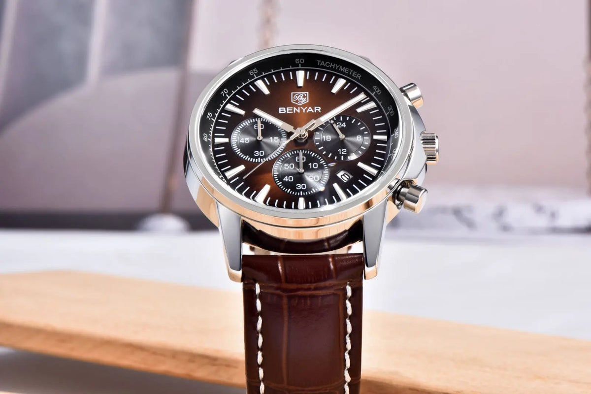 Benyar luxury men’s watch – Chronograph with date, leather strap, water-resistant, luminescent, sporty and military style, quartz watch