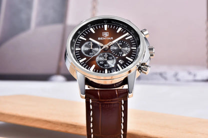 Benyar luxury men’s watch – Chronograph with date, leather strap, water-resistant, luminescent, sporty and military style, quartz watch