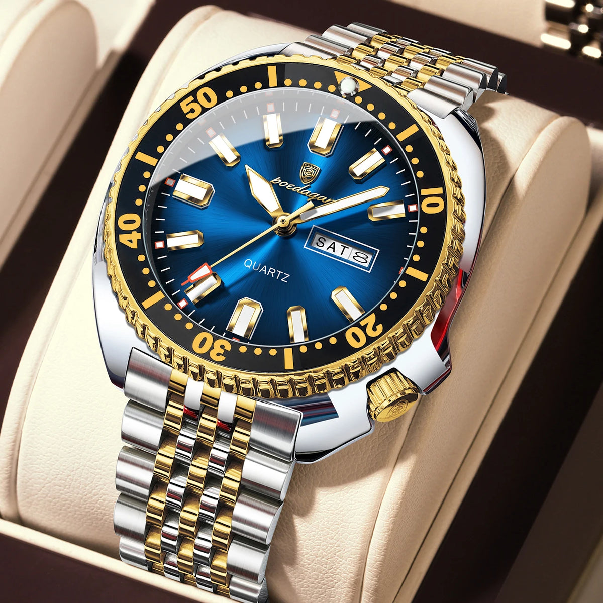 POEDAGAR luxury men’s watch, business style, with date and day of the week, water-resistant and luminous, made of stainless steel and powered by a quartz movement.