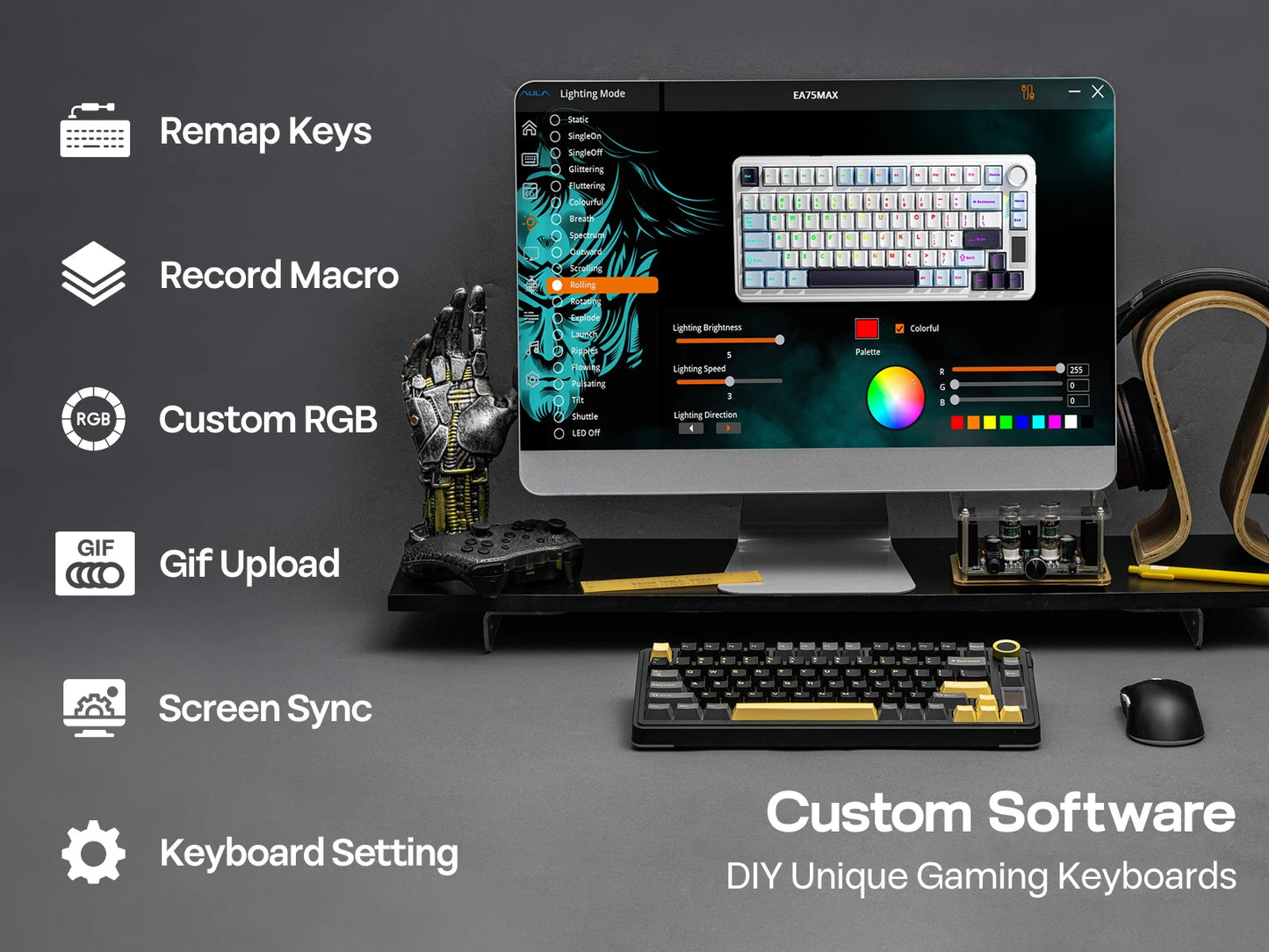 EPOMAKER X AULA EA75 MAX 75% ANSI-US-Layout Hot-Swap-Gasket kabelgebundene/BT/2.4GHz kabellose mechanische Tastatur mit Display & Drehregler