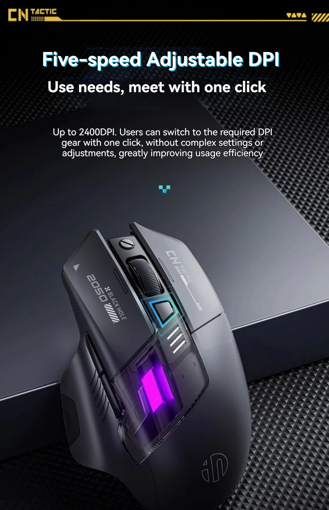 Rato Gaming Inphic A9 Pro Tri-Mode com Coluna de Luz Colorida, Indicador de Bateria, DPI Ajustável, Controlador Macro, Design Ergonómico, 12800DPI