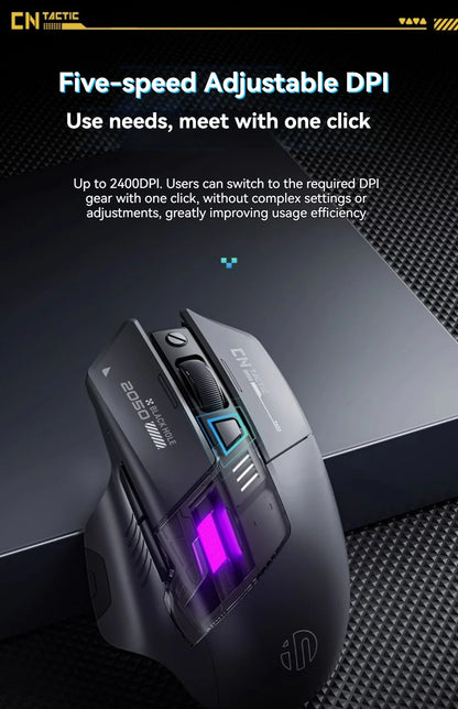 Rato Gaming Inphic A9 Pro Tri-Mode com Coluna de Luz Colorida, Indicador de Bateria, DPI Ajustável, Controlador Macro, Design Ergonómico, 12800DPI