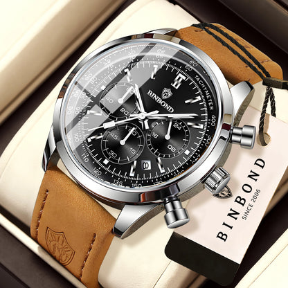 Robust and accurate BINBOND quartz chronograph watch for men, luxury, with automatic date, luminous hands and water-resistant, casual style.