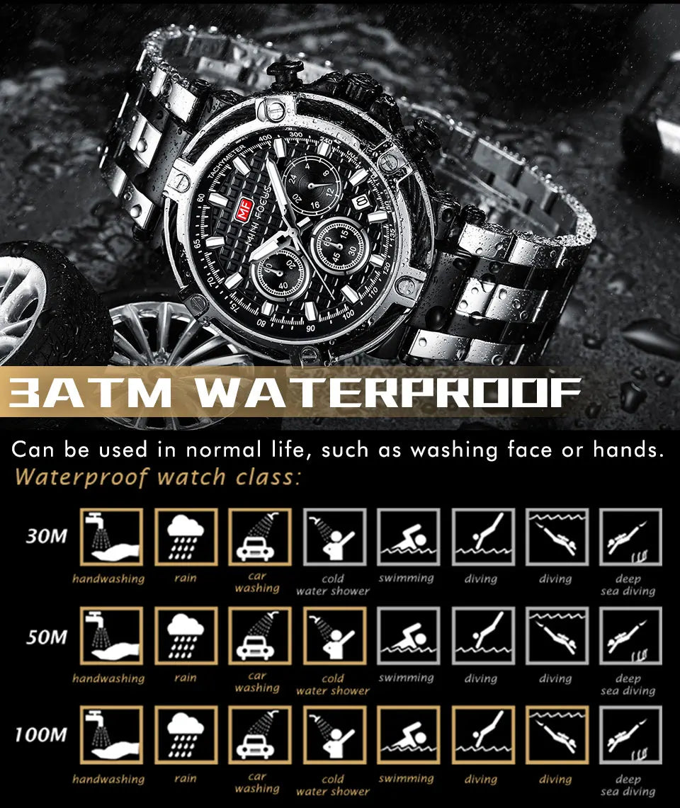 MINI FOCUS Black Stainless Steel Quartz Watch Men Fashion Luminous Dress Wristwatch with Date 24-hour Display Chronograph 0470