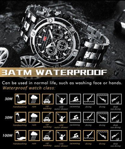 MINI FOCUS Black Stainless Steel Quartz Watch Men Fashion Luminous Dress Wristwatch with Date 24-hour Display Chronograph 0470