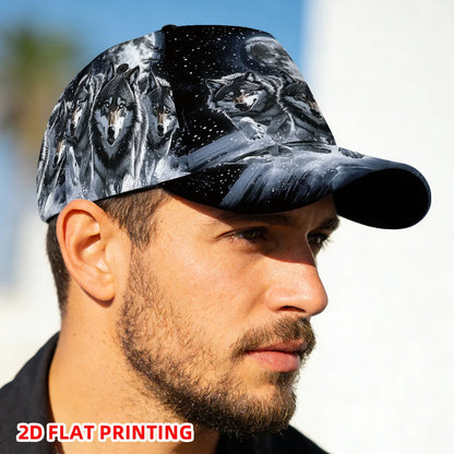 Classic Baseball Cap Featuring a 2D Flat Print of Wolves Under a Full Moon Lightweight Adjustable Duckbill Hat