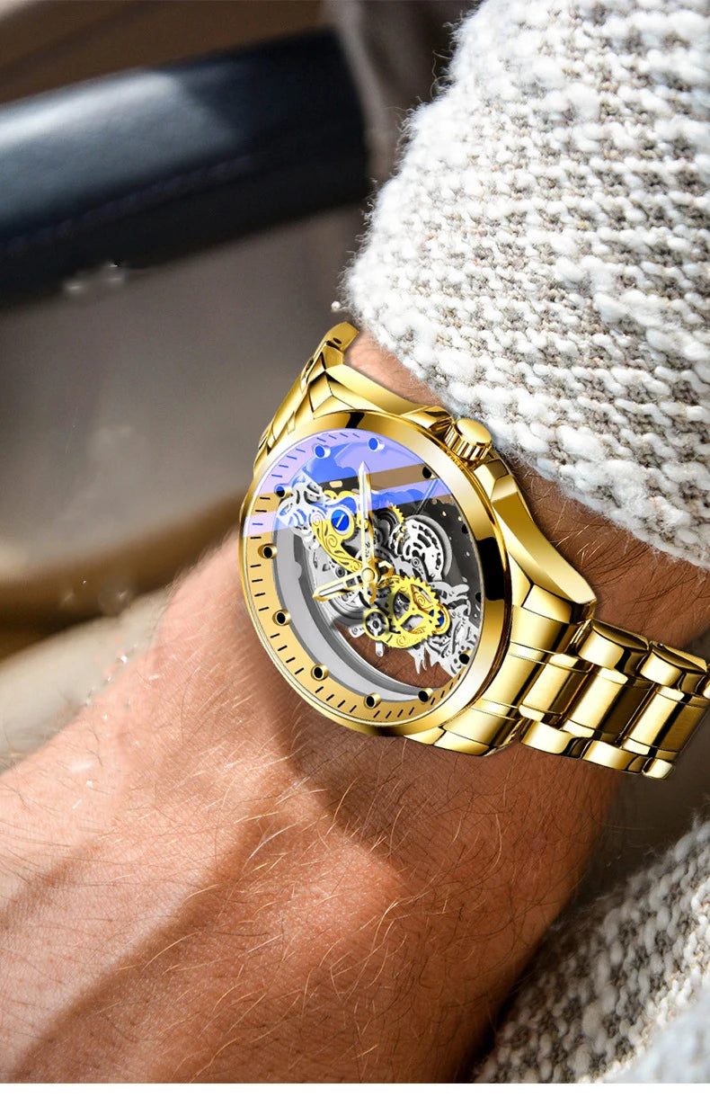 Trendy men’s watch, dual-opening model, luxury gold-tone style, imitation mechanical tourbillon, quartz movement.