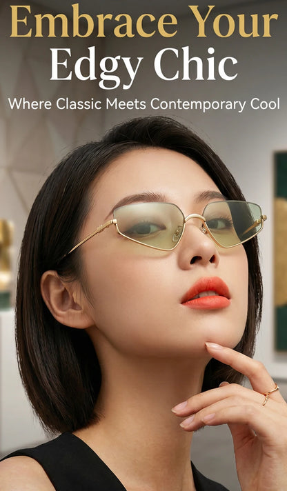 Vintage Semi-Rimless Polygon Punk Sunglasses Women 2026 Luxury Brand Cat Eye Metal Small Frame Sun Glasses Ladies Classic Shades