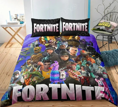 Спален комплект Fortnite с плик за завивка, 3 части, 3D принт, спално бельо за спалня, игра, аниме, анимационна калъфка за възглавница, декорация за стая, подаръци