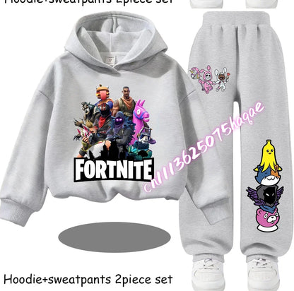 Fortnite-bedruckte Kinder-Hoodies, Cartoon-Design, bequemes 2-teiliges Set, locker sitzende Langarm-Oberteile mit Hose, Herbst-/Winterkleidung, Geschenk