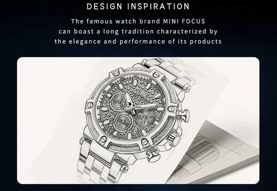 MINI FOCUS Black Stainless Steel Quartz Watch Men Fashion Luminous Dress Wristwatch with Date 24-hour Display Chronograph 0470