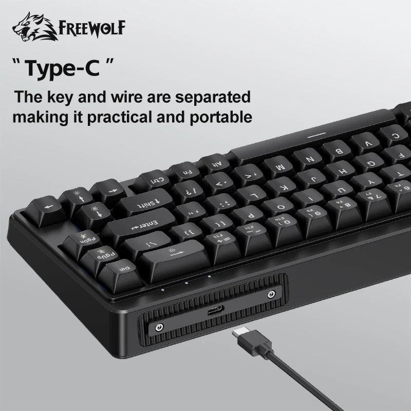 FREEWOLF M68SE Mini-Tastatur mit 68 Tasten, kabelgebunden, RGB-Hintergrundbeleuchtung, Type-C, 68-%-Layout, kompakt, für Gaming, Büro, PC und Laptop