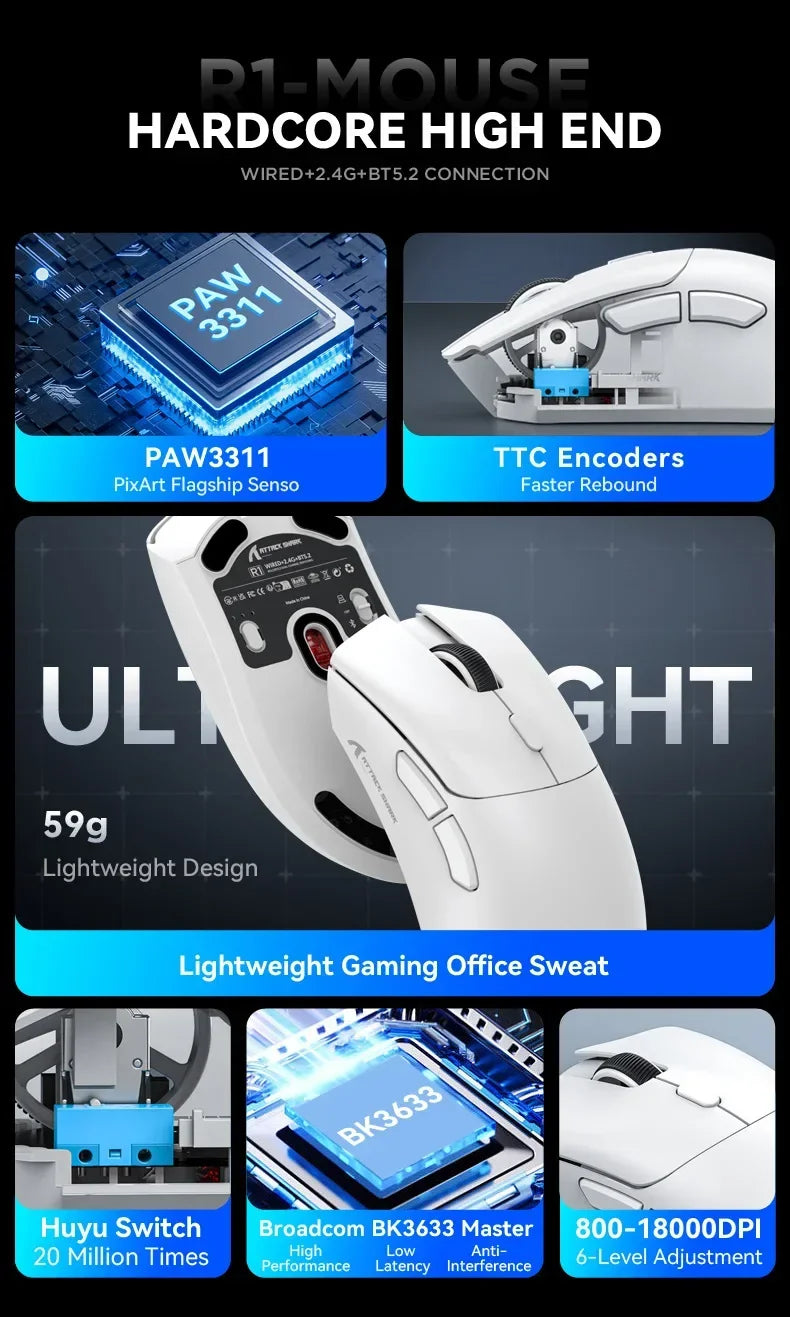 Attack Shark R1 2.4G USB Wireless Bluetooth Gaming Mouse 18K DPI PAW3311 Tri-Mode Connectivity 59g Lightweight For PC Laptop Mac