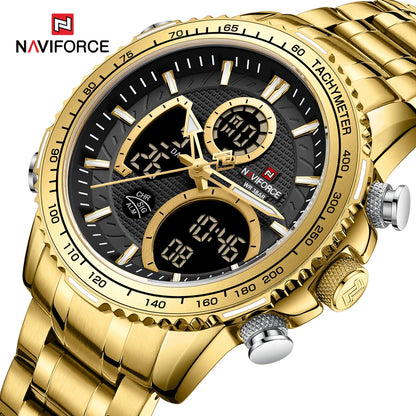 NAVIFORCE Men’s Sports Watch – Original luxury stainless steel wristwatch, water-resistant military-style model with dual display