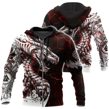 Sweatshirt com Capuz para Homem Black & White Tattoo Dragon com Impressão 3D, Unissexo, Streetwear, Fecho de Correr, Pullover, Casaco Casual de Fato de Treino KJ0192
