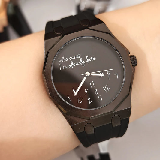 Luxury men’s watch with an octagonal case and silicone strap, water-resistant, featuring a dial bearing the humorous slogan ‘Who Cares I’m Already Late’.