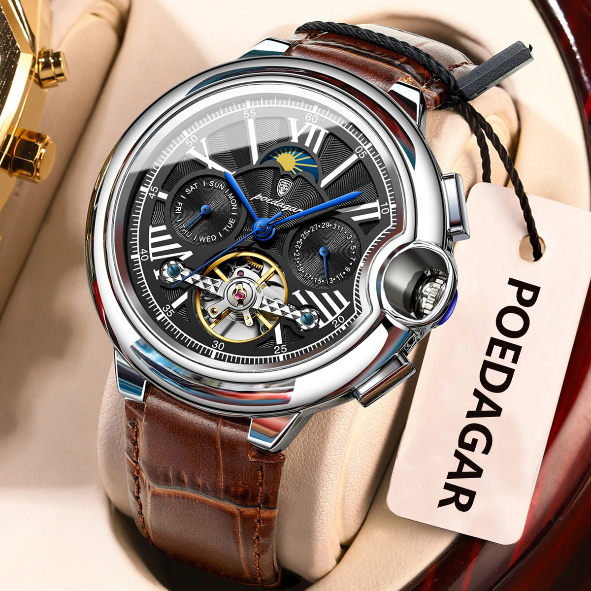 POEDAGAR men’s watch, luxury and professional style, with date and day display, tourbillon, stainless steel case, automatic mechanical movement and water resistance.