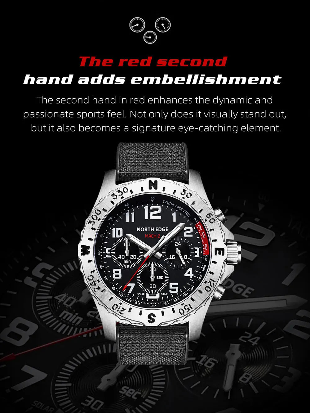 NORTH EDGE  Men's Watches Solar Power 316 stainless steel Case Quartz Watch For Men Pilot Waterproof 50M Stopwatch