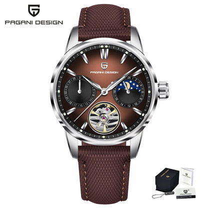 PAGANI DESIGN – Luxus mechanikus férfi karóra, 41 mm, zafírüveg, bőr szíj, vízálló, pilóta stílusú, tourbillon és holdfázis kijelzővel