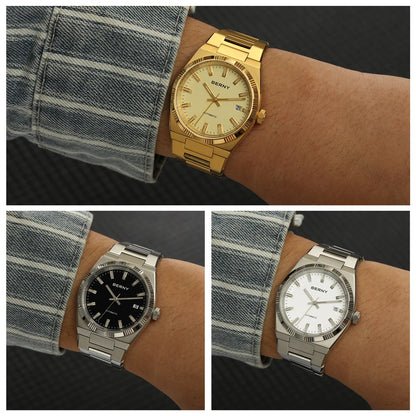 BERNY men’s automatic watch, gold-coloured, sapphire crystal, luminescent hands, 100% genuine, fitted with a PT5000 movement, anti-reflective coating, luxury model with interchangeable bezel, water-resistant to 5 ATM.