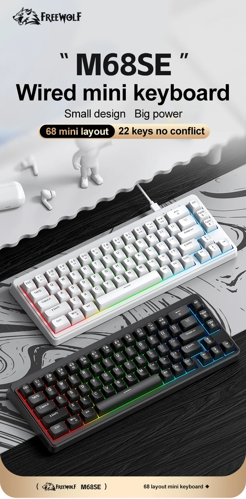 FREEWOLF M68SE Tastatur mit mechanischem Tippgefühl, 68 Tasten, Mini, kabelgebunden, kompakt und leise, für Laptops, Gaming und Bürogebrauch