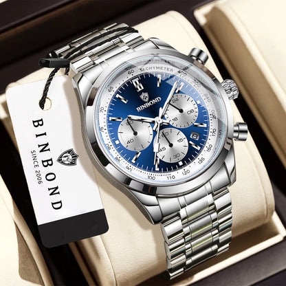 BINBOND men’s quartz watch: elegant, robust and accurate, with automatic date, chronograph, luminescent hands and water-resistant. Casual style.