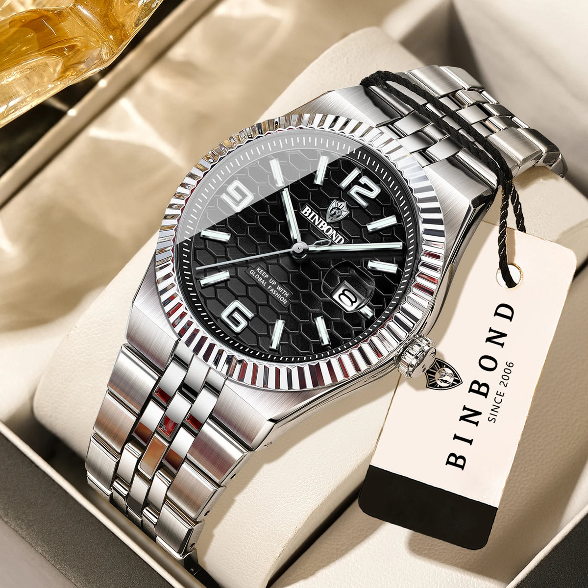 BINBOND luxury quartz wristwatch, luminous, water-resistant, automatic date, for men, stainless steel, business, sport, fashion and casual styles.