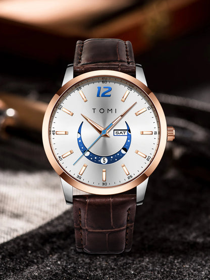 Orologio al quarzo TOMI, dallo stile elegante e professionale, con cinturino in pelle, cassa in lega e quadrante con lancette – Design di alta gamma, idea regalo per uomo