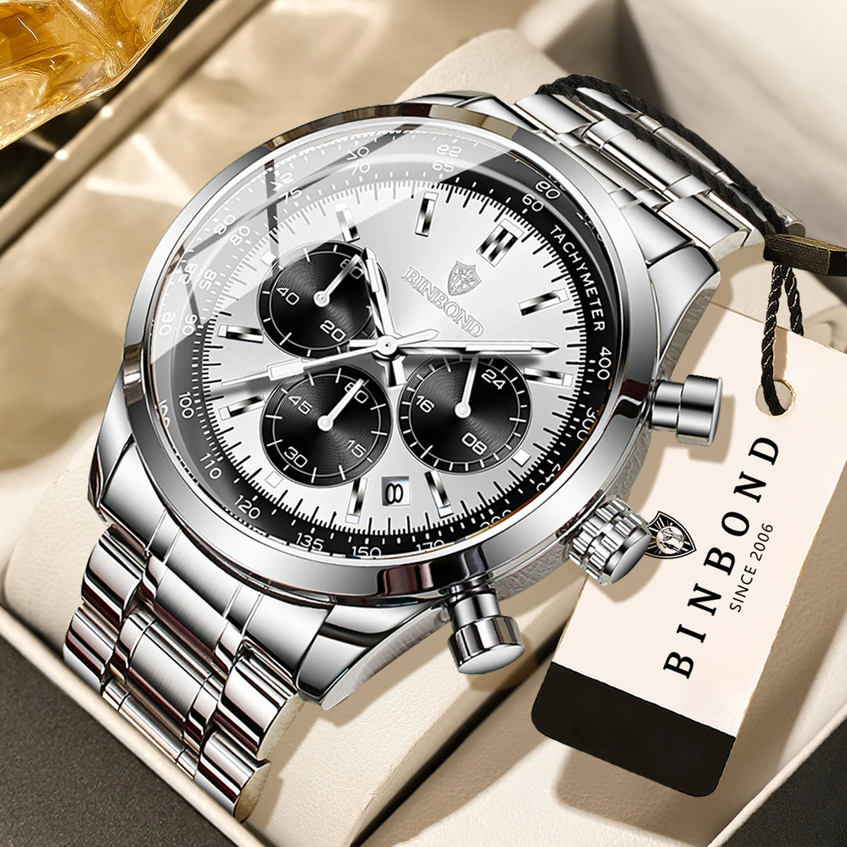 BINBOND men’s quartz watch: elegant, robust and accurate, with automatic date, chronograph, luminescent hands and water-resistant. Casual style.