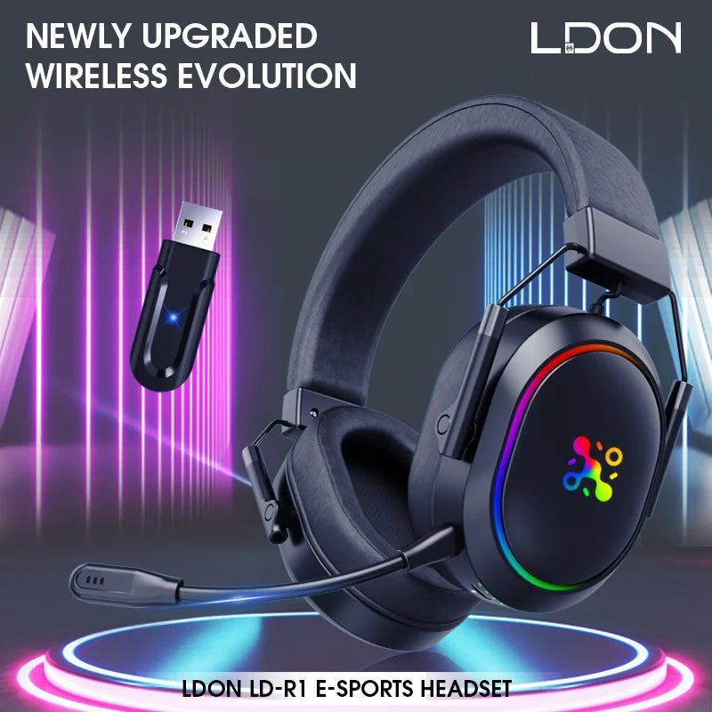Cuffie da gaming wireless LDON per PS5 PS4, Bluetooth 2.4GHz, audio surround 3D, microfono con cancellazione del rumore, bassa latenza