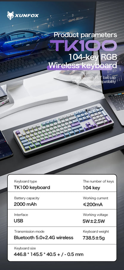 XUNFOX TK100 tastiera wireless 2.4 Bluetooth dual-mode gaming silenziosa per ufficio e notebook, universale