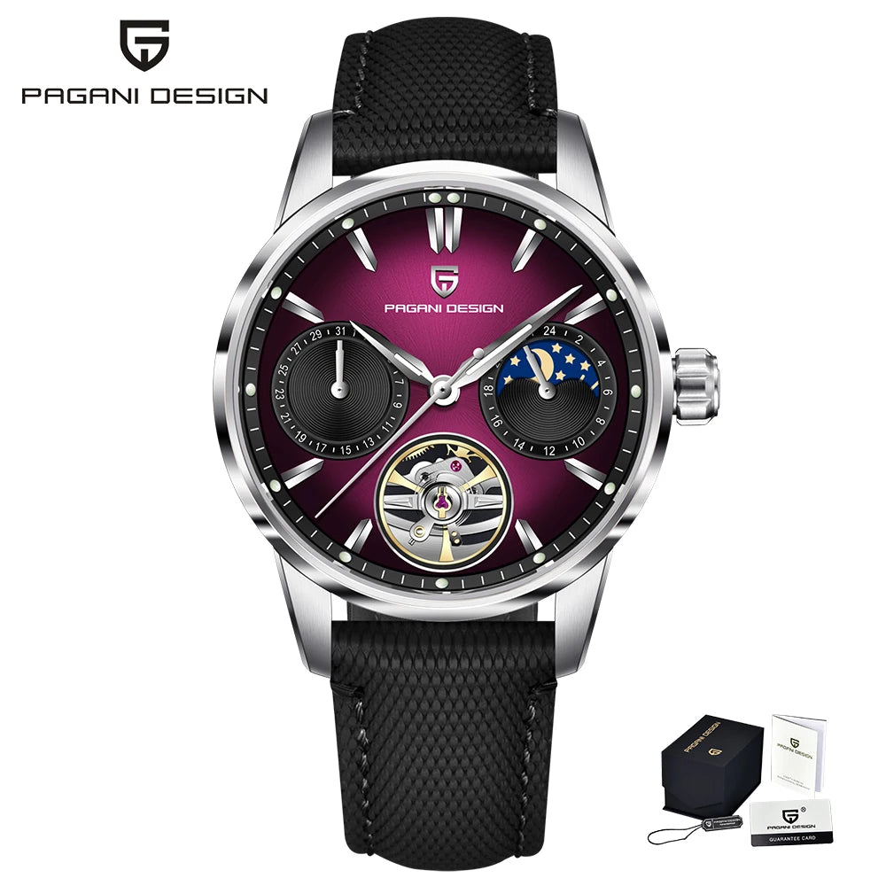 PAGANI DESIGN – Luxus mechanikus férfi karóra, 41 mm, zafírüveg, bőr szíj, vízálló, pilóta stílusú, tourbillon és holdfázis kijelzővel