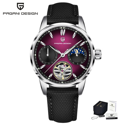 PAGANI DESIGN – Luxus mechanikus férfi karóra, 41 mm, zafírüveg, bőr szíj, vízálló, pilóta stílusú, tourbillon és holdfázis kijelzővel