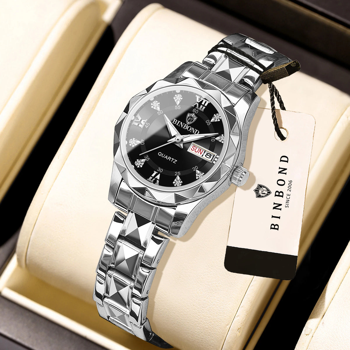 BINBOND ladies’ watch: a robust, luxurious, luminescent and water-resistant quartz watch, featuring an accurate date and day-of-the-week display.