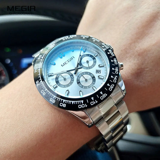 MEGIR men’s watch, luxury brand, quartz sports watch, stainless steel bracelet, water-resistant, chronograph, wristwatch