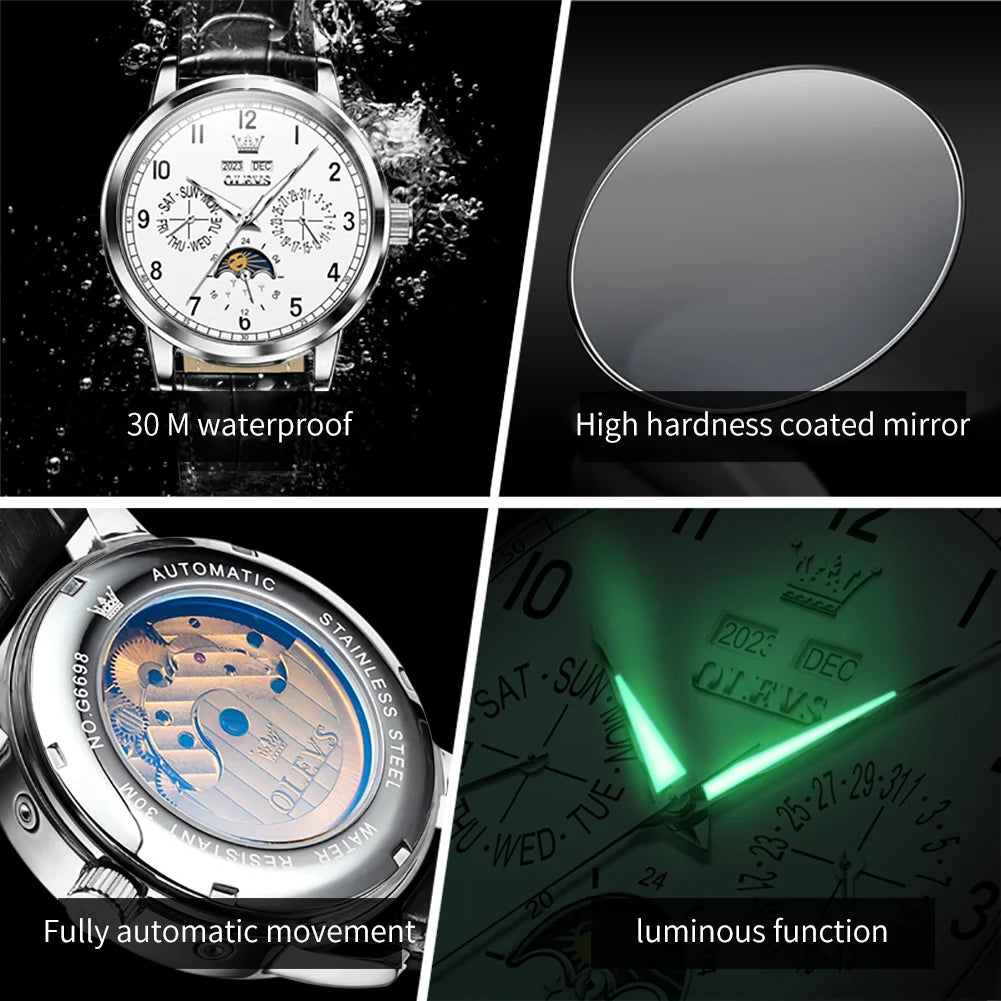 OLEVS 6698 Mens Watch Luxury Dress Brand Moon Phase Automatic Mechanical Watch For Men Leather  Waterproof Dual Calendar Watch