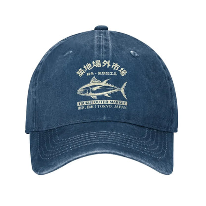 Japanilainen Tsukiji-kalamarkkinat -aiheinen, pesetty baseball-lippalakki, Tokyo, Japani, naisten ja miesten snapback-lippalakki
