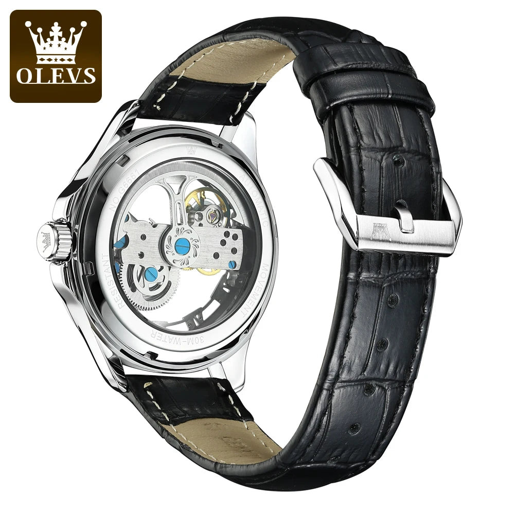 Relógio mecânico automático para homem OLEVS 6661 – Modelo esqueleto totalmente transparente com volante visível, bracelete em pele, relógio de luxo original para homem